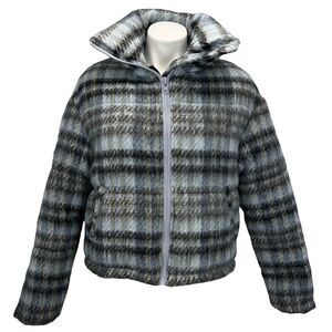 APPARIS Josh Cropped Puffer Jacket Womens SZ XS Blue Black Plaid Faux Fur Lined